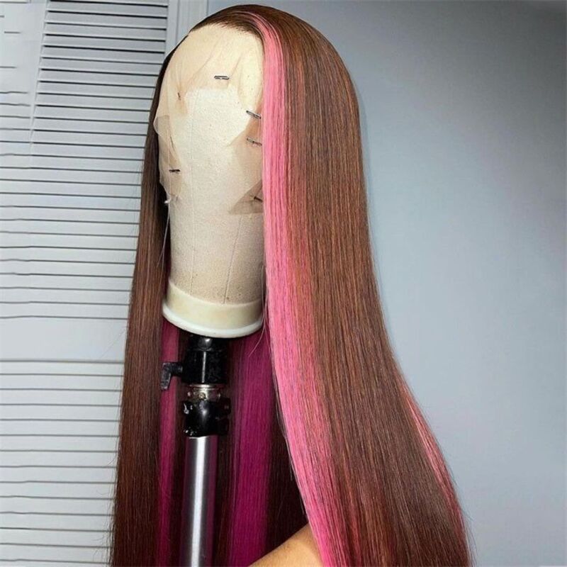 STRAWBERRY PINK & CHOCOLATE SKUNK STRIPE COLOR WIG